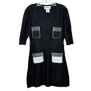 TOMASO Black 3/4 Sleeve Mini Sweater Tunic Dress Size 40 Virgin Wool Knit